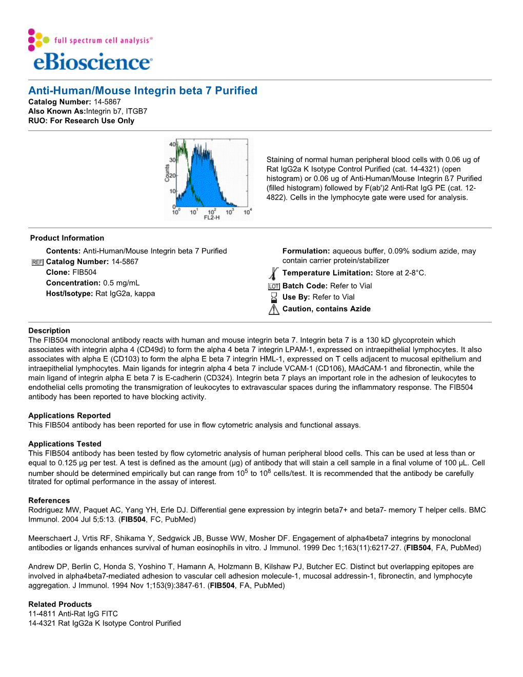 Anti-Human/Mouse Integrin Beta 7 Purified Catalog Number: 14-5867 Also Known As:Integrin B7, ITGB7 RUO: for Research Use Only