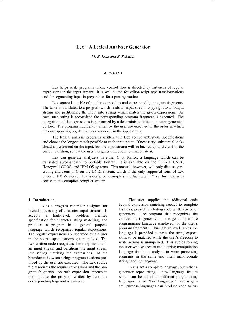 Lex − a Lexical Analyzer Generator