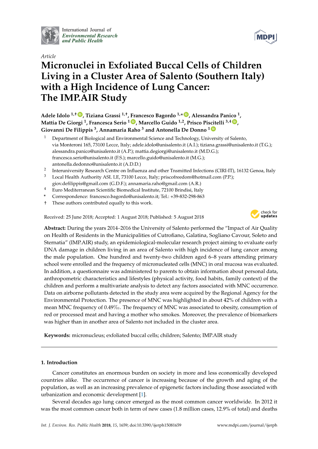 Micronuclei in Exfoliated Buccal Cells of Children Living in a Cluster Area of Salento (Southern Italy) with a High Incidence of Lung Cancer: the IMP.AIR Study