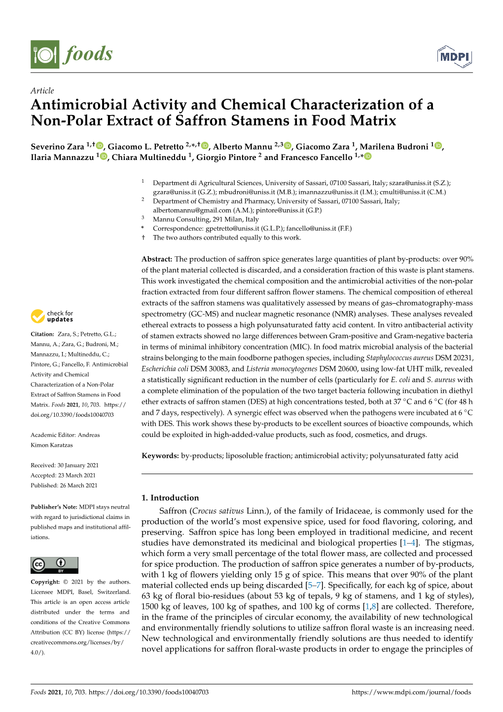 Antimicrobial Activity and Chemical Characterization of a Non-Polar Extract of Saffron Stamens in Food Matrix