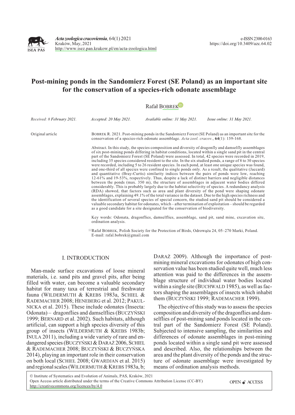 Post-Mining Ponds in the Sandomierz Forest (SE Poland) As an Important Site for the Conservation of a Species-Rich Odonate Assemblage