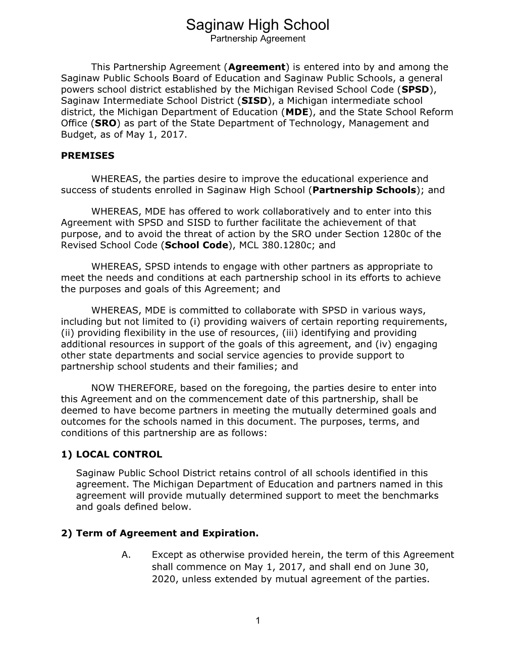 Saginaw High School Partnership Agreement