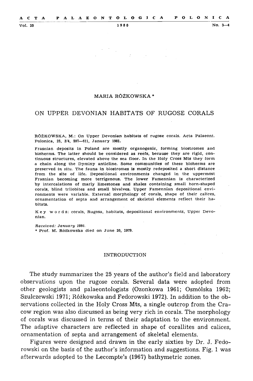 ON UPPER DEVONIAN HABITATS of RUGOSE CORALS the Study