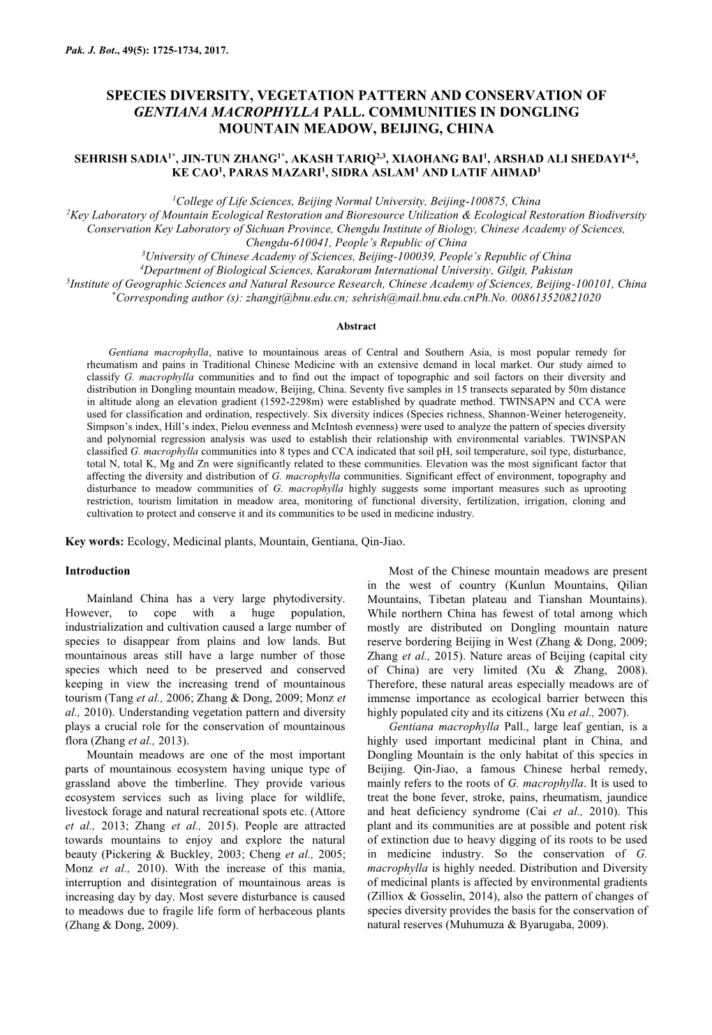 Species Diversity, Vegetation Pattern and Conservation of Gentiana Macrophylla Pall