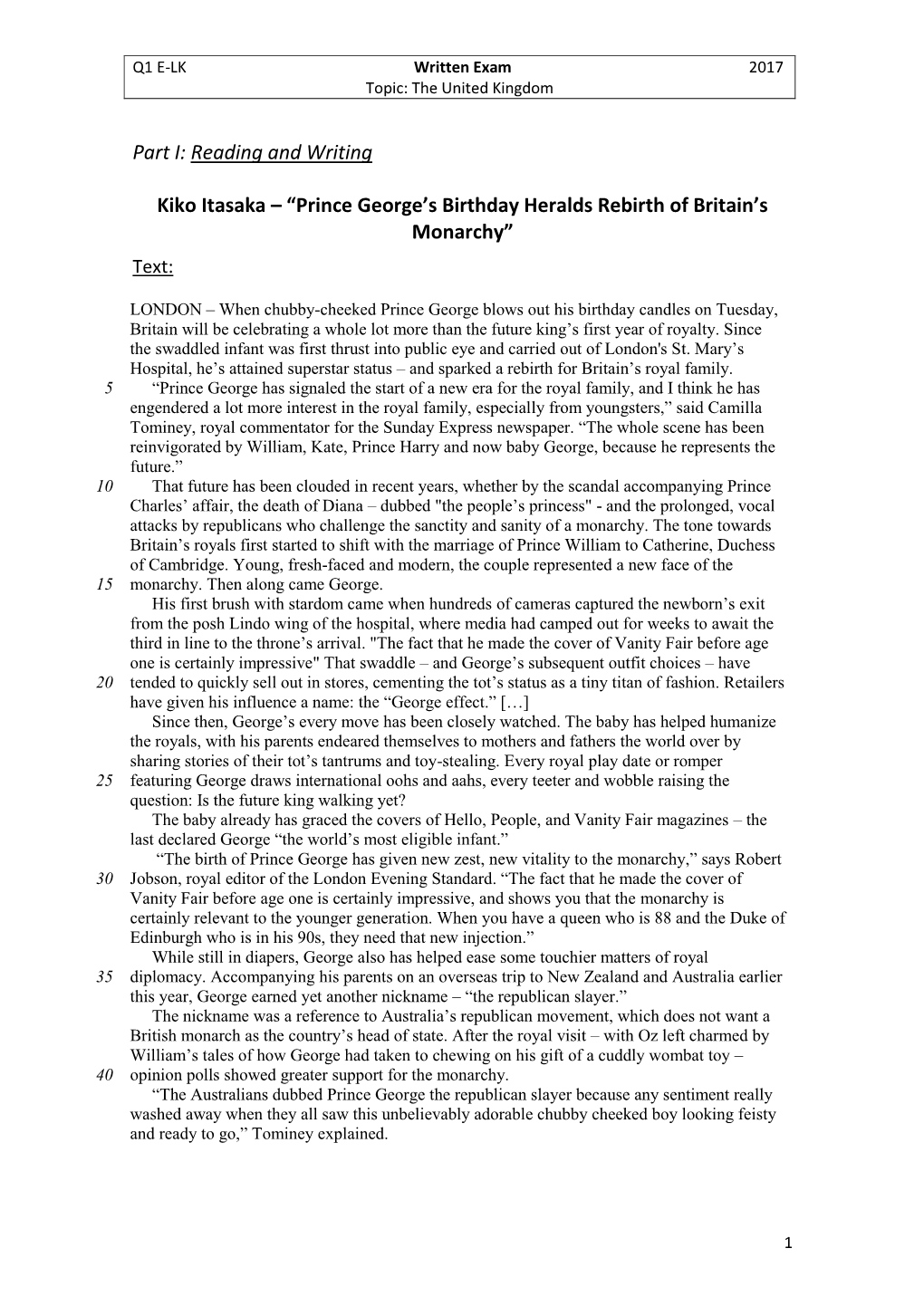 Part I: Reading and Writing Kiko Itasaka – “Prince George's Birthday Heralds Rebirth of Britain's Monarchy”