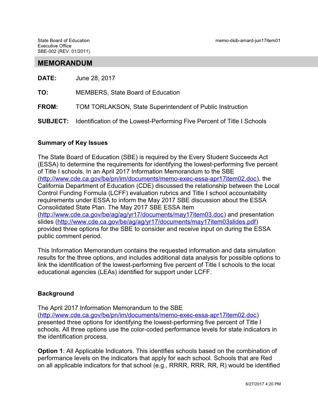 June 2017 Memo AMARD Item 01 - Information Memorandum (CA State Board of Education)