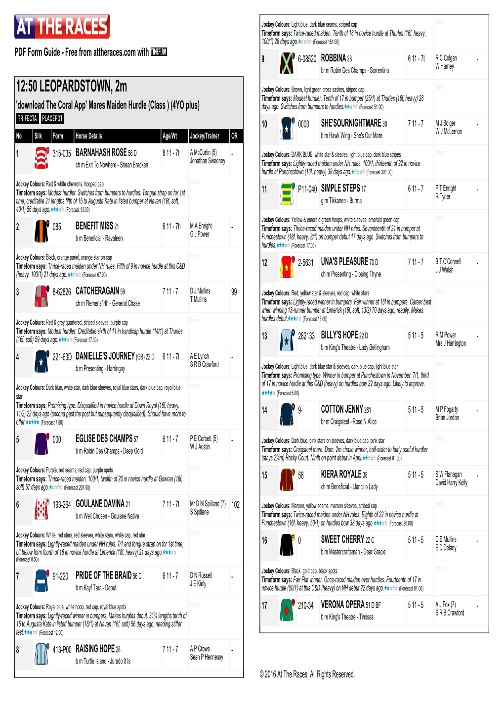 12:50 LEOPARDSTOWN, 2M Jockey Colours: Brown, Light Green Cross Sashes, Striped Cap Notes: Timeform Says: Modest Hurdler