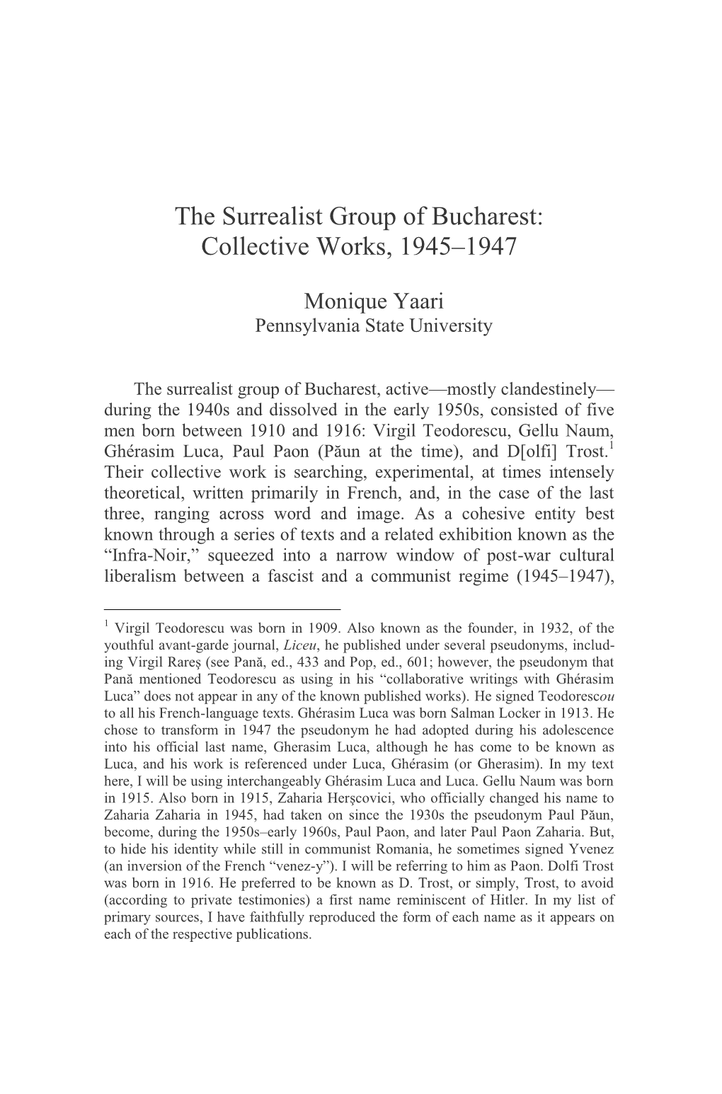 The Surrealist Group of Bucharest: Collective Works, 1945±1947