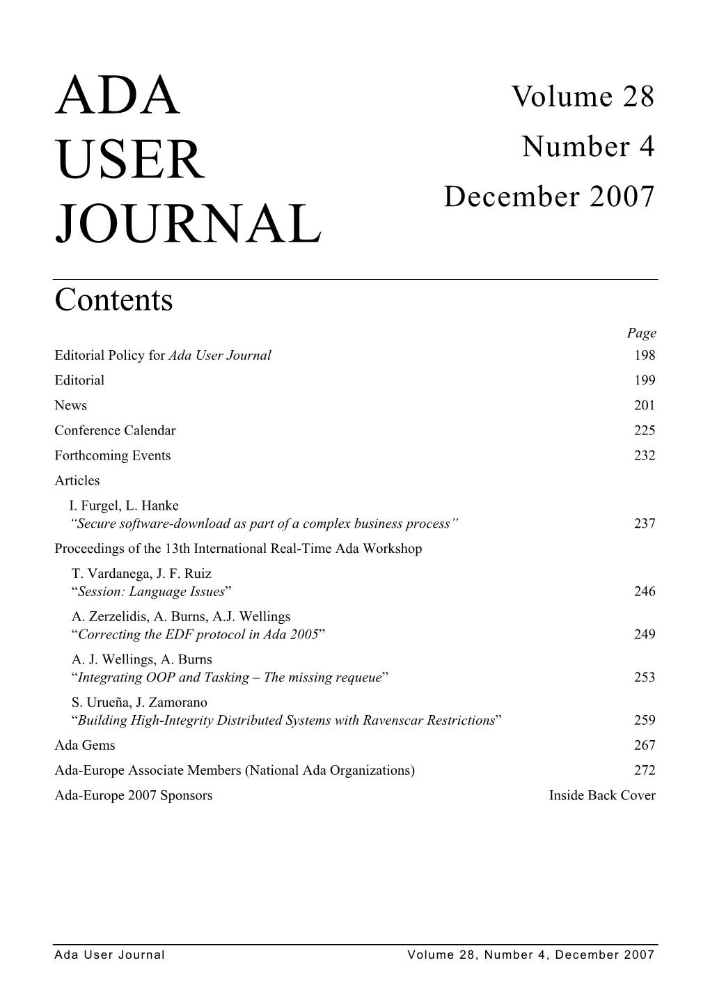 Ada User Journal 198 Editorial 199 News 201 Conference Calendar 225 Forthcoming Events 232 Articles I