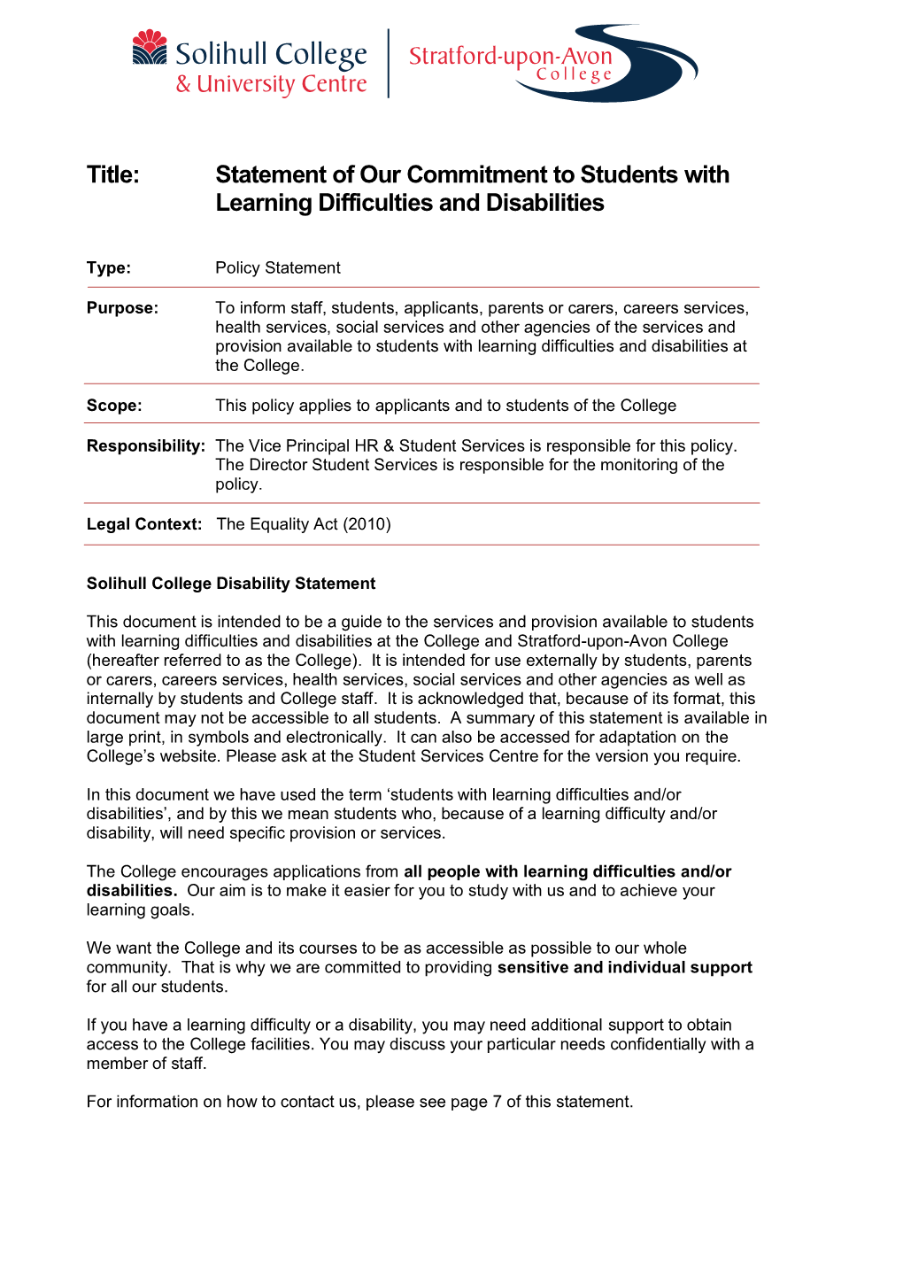 Statement of Our Commitment to Students with Learning Difficulties and Disabilities