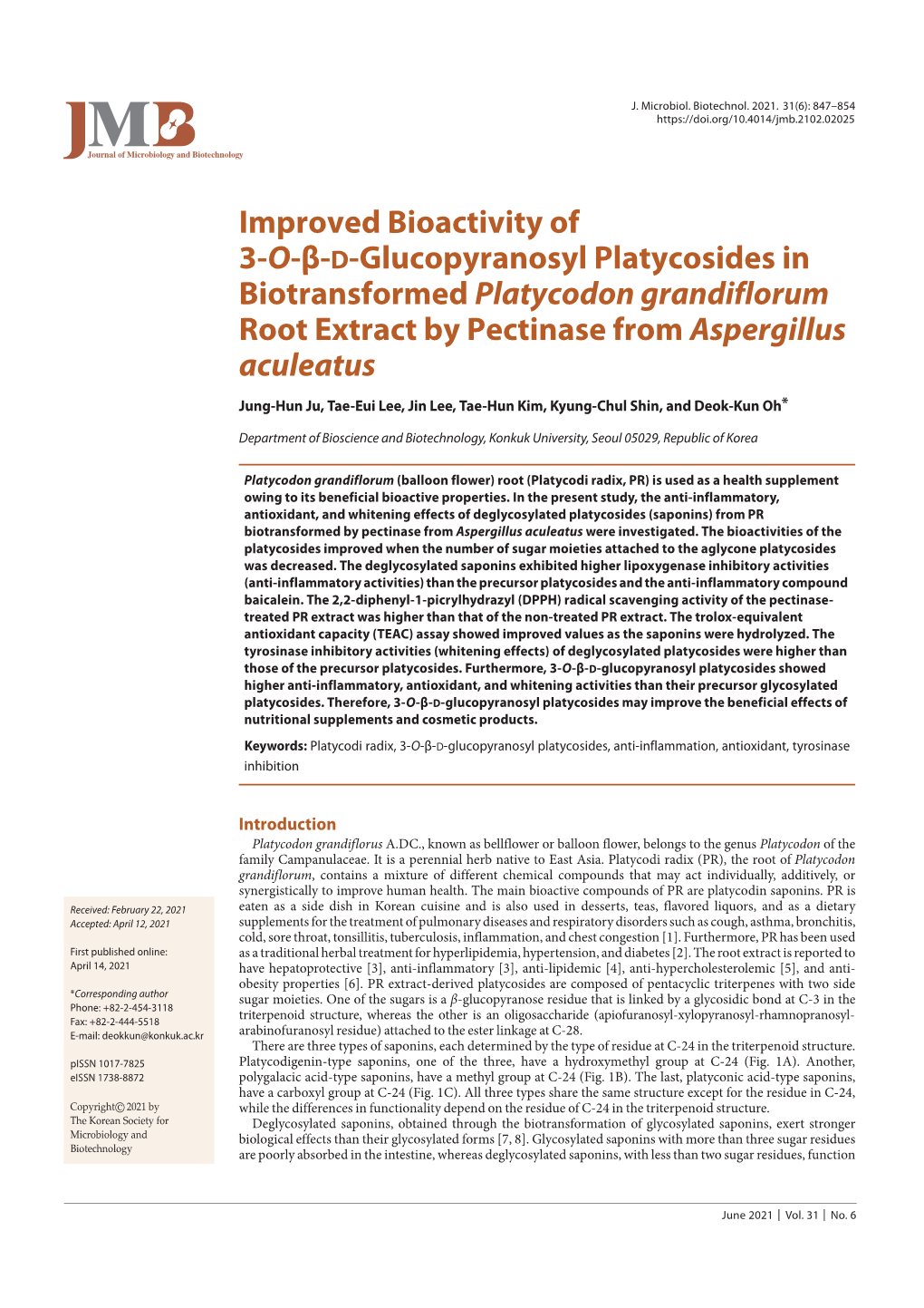 Improved Bioactivity of 3-O-Β-D-Glucopyranosyl Platycosides in Biotransformed Platycodon Grandiflorum Root Extract by Pectinase from Aspergillus Aculeatus