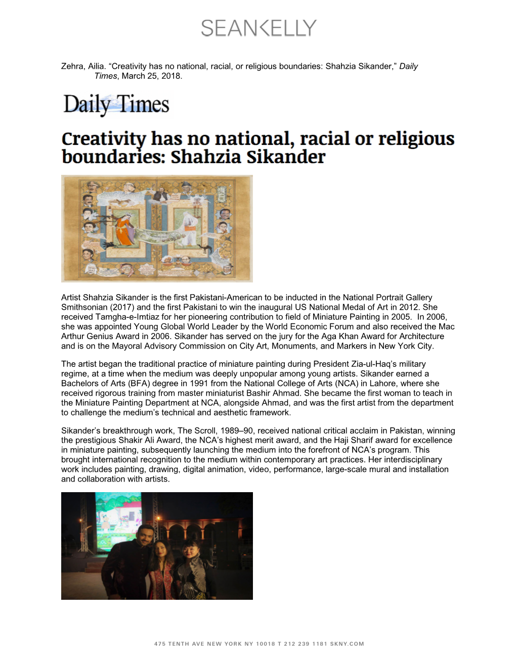 Creativity Has No National, Racial, Or Religious Boundaries: Shahzia Sikander,” Daily Times, March 25, 2018