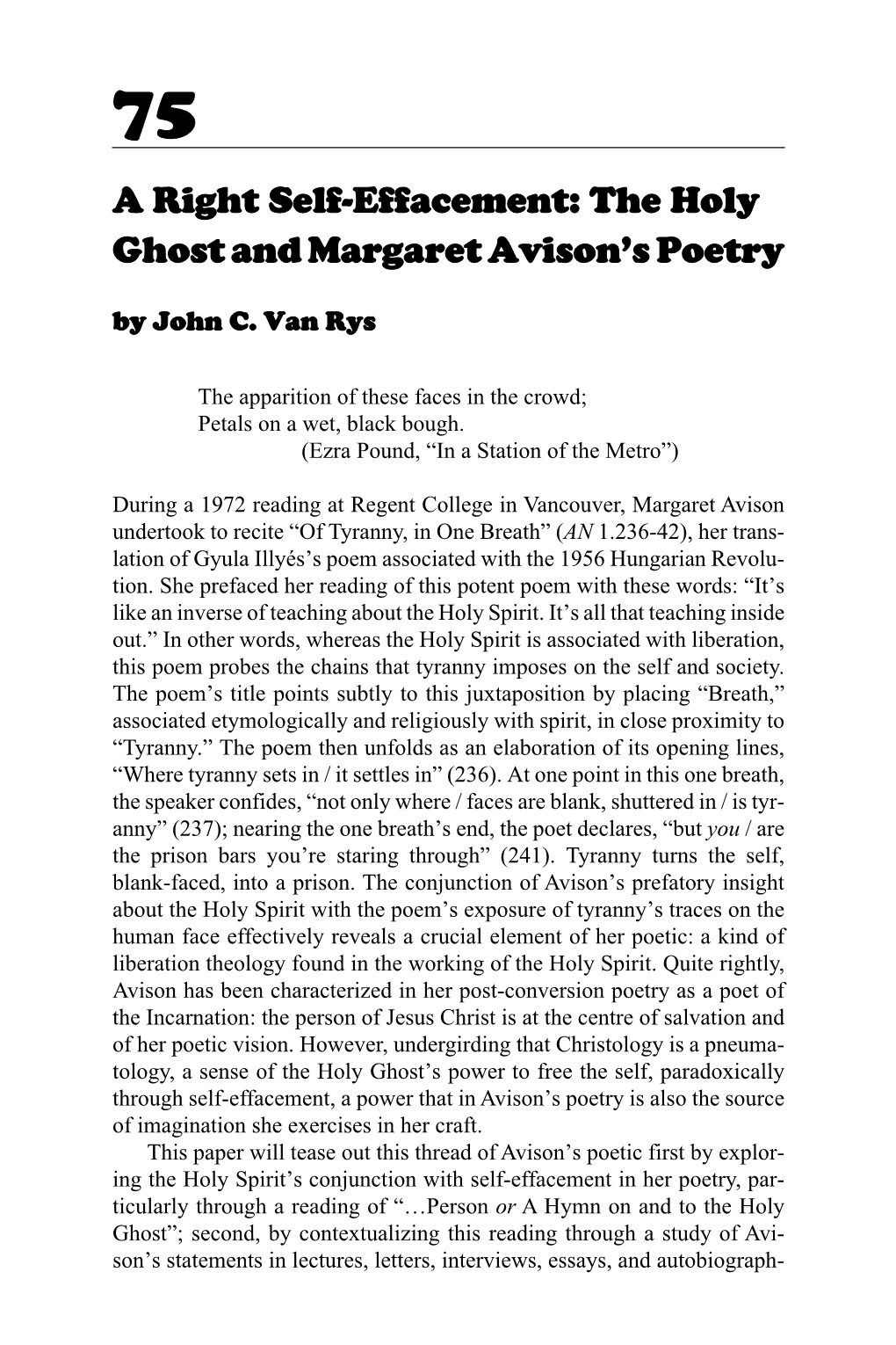 A Right Self-Effacement: the Holy Ghost and Margaret Avison's Poetry