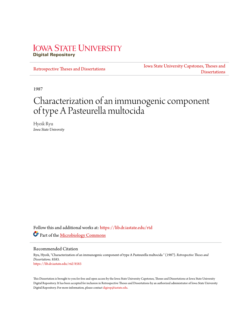Characterization of an Immunogenic Component of Type a Pasteurella Multocida Hyoik Ryu Iowa State University