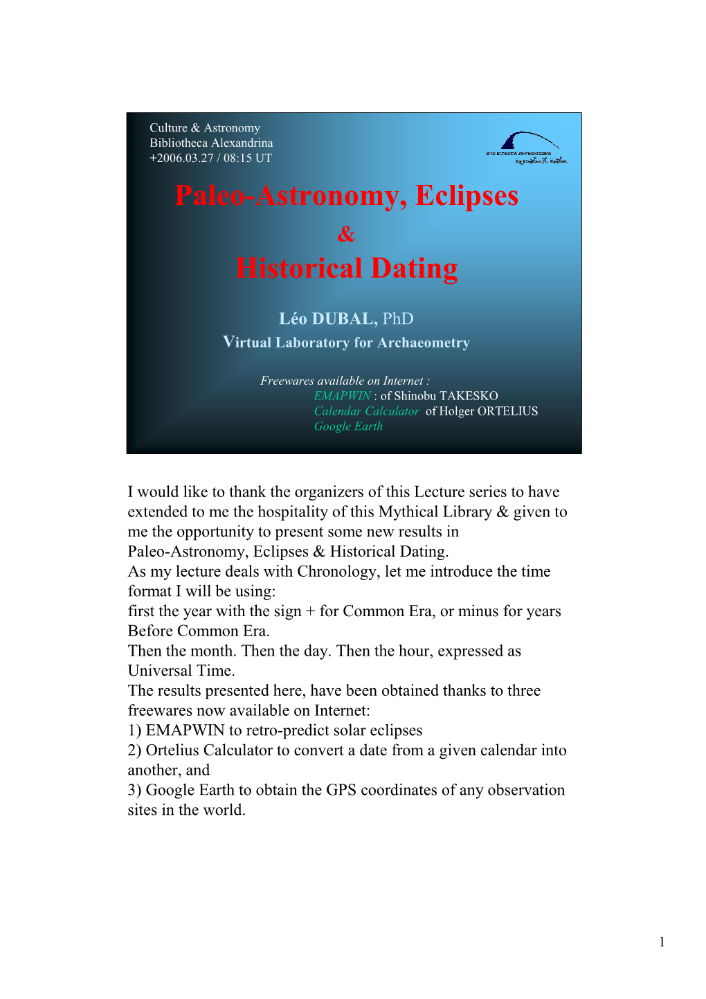 Paleo-Astronomy, Eclipses Historical Dating