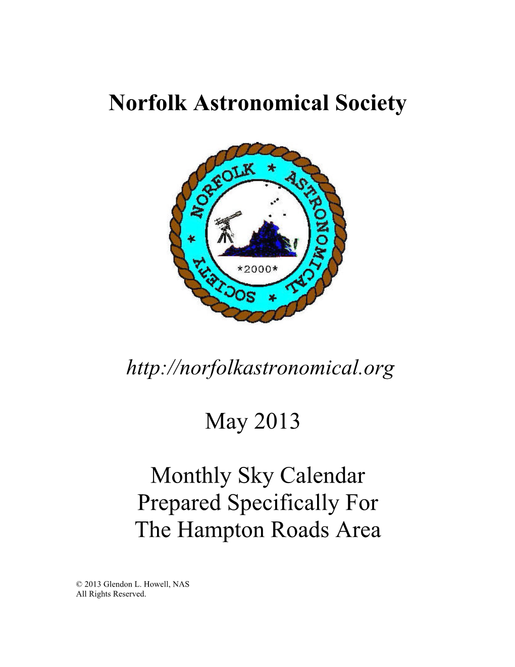 Norfolk Astronomical Society May 2013 Monthly Sky Calendar