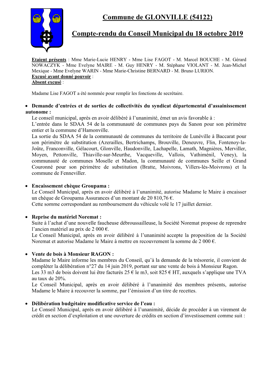 Compte-Rendu Du Conseil Municipal Du 18 Octobre 2019