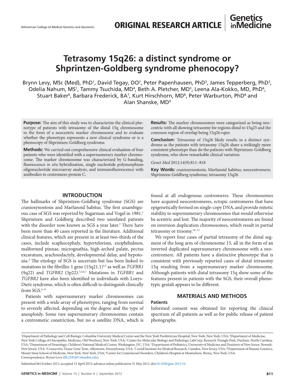 Tetrasomy 15Q26: a Distinct Syndrome Or Shprintzen-Goldberg Syndrome Phenocopy?