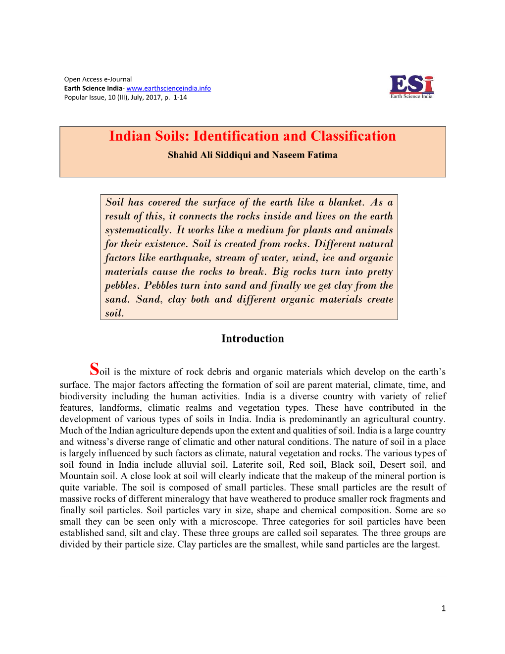 Indian Soils: Identification and Classification Shahid Ali Siddiqui and Naseem Fatima