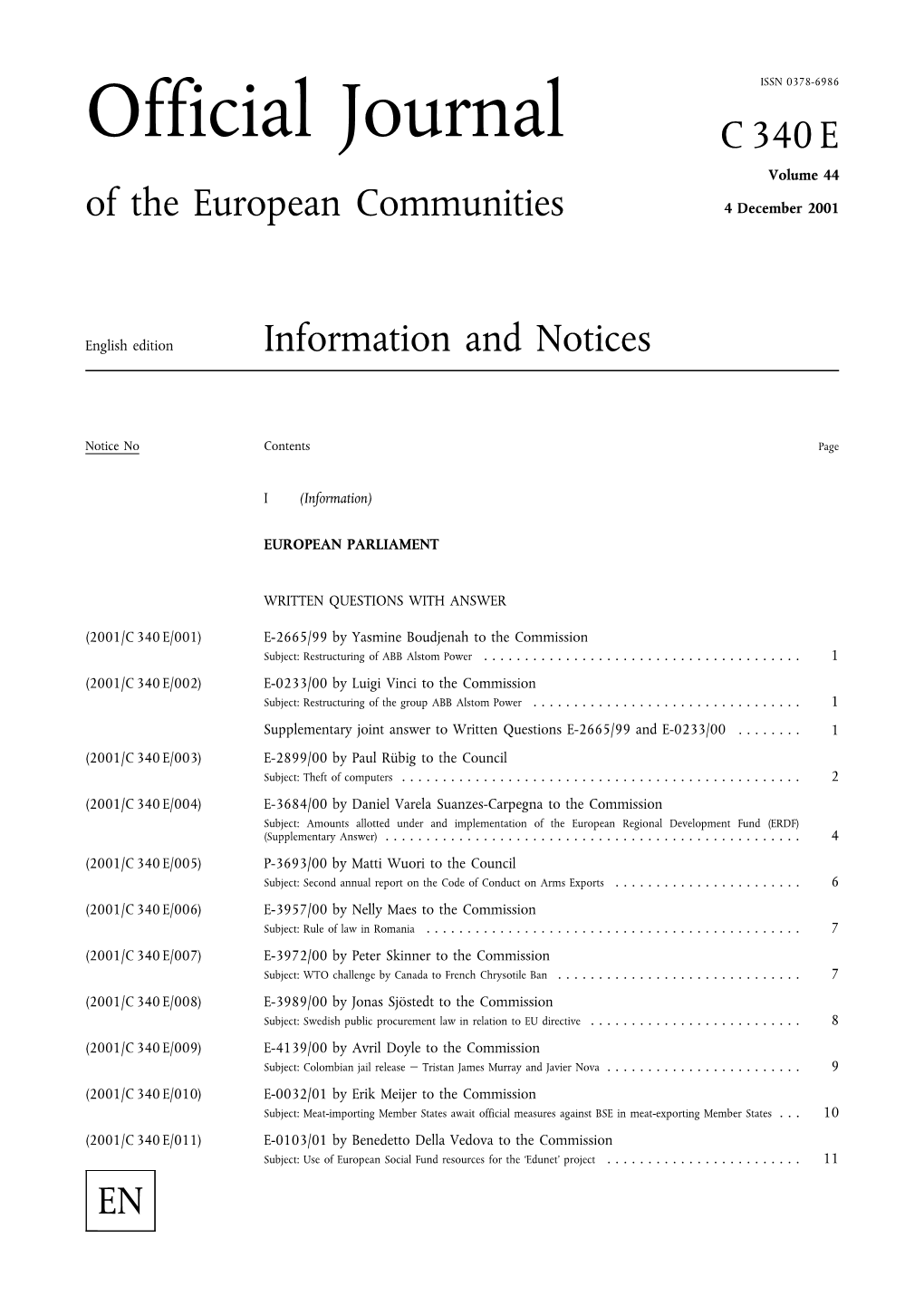 Official Journal C 340 E Volume 44 of the European Communities 4 December 2001