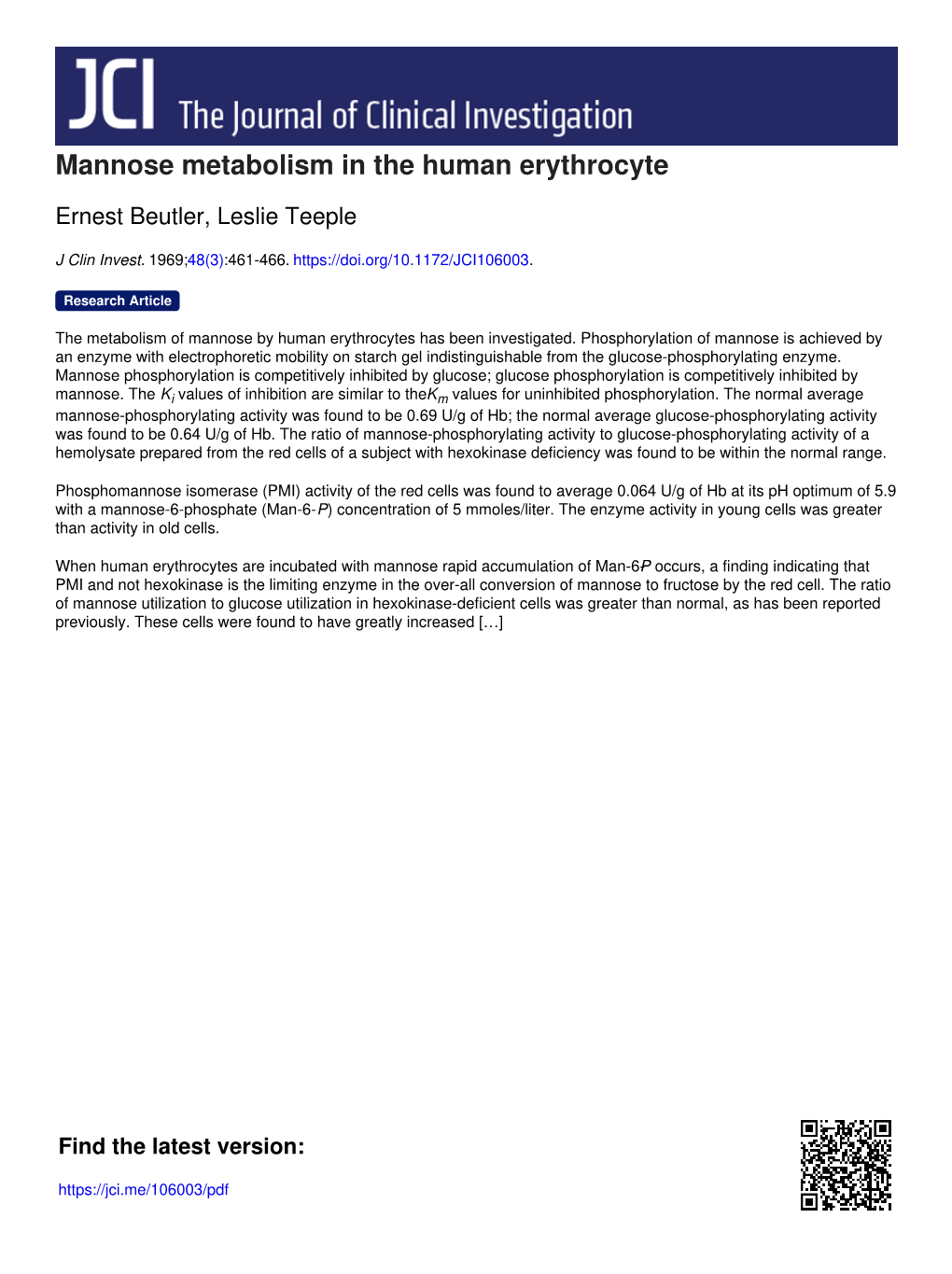 Mannose Metabolism in the Human Erythrocyte