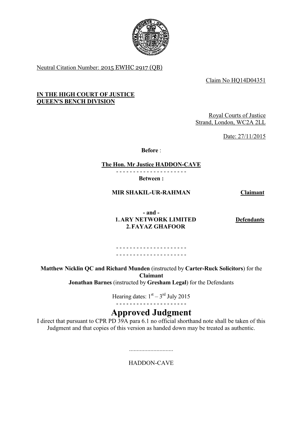 High Court Judgment Template