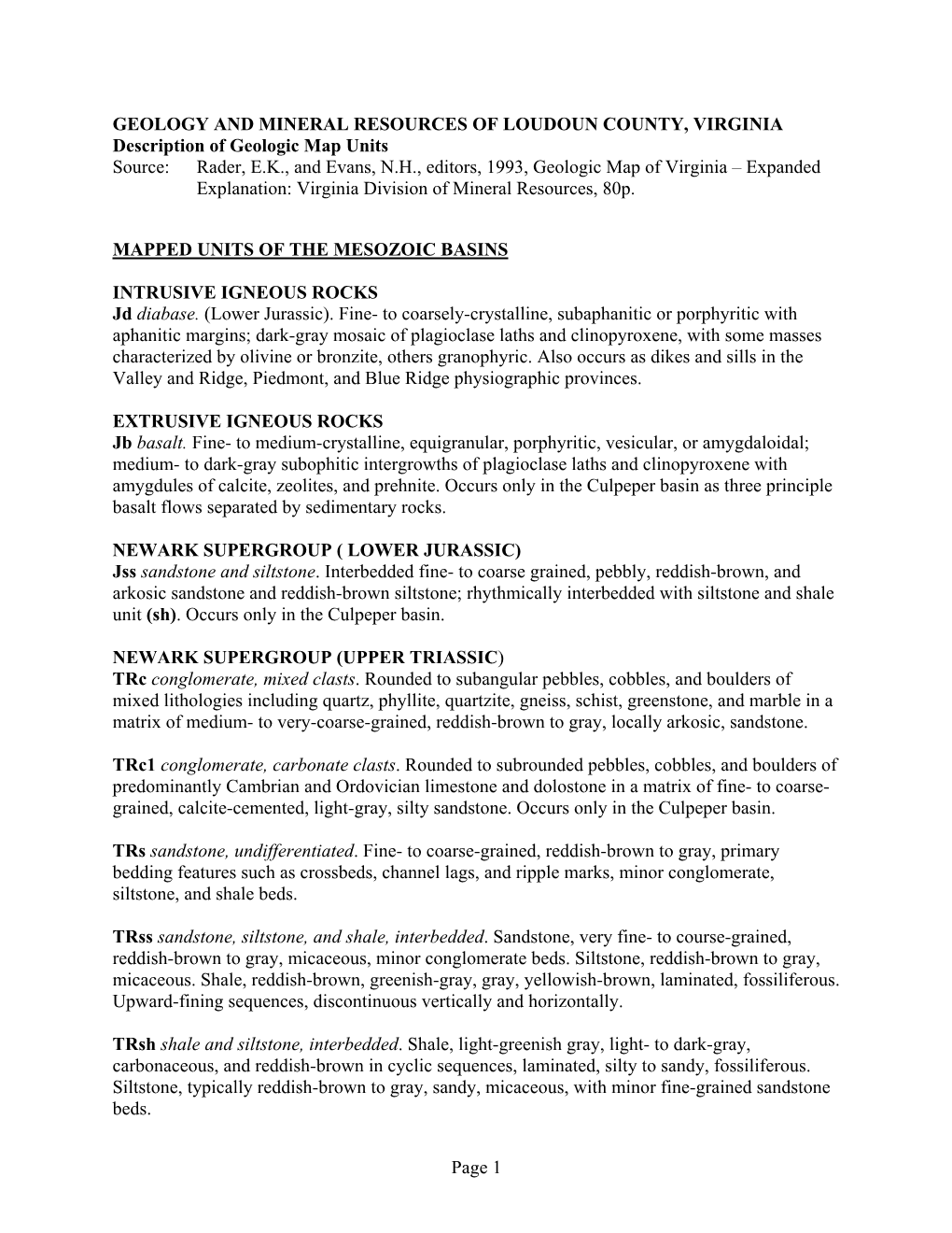 Loudoun County Geologic Map Unit Descriptions