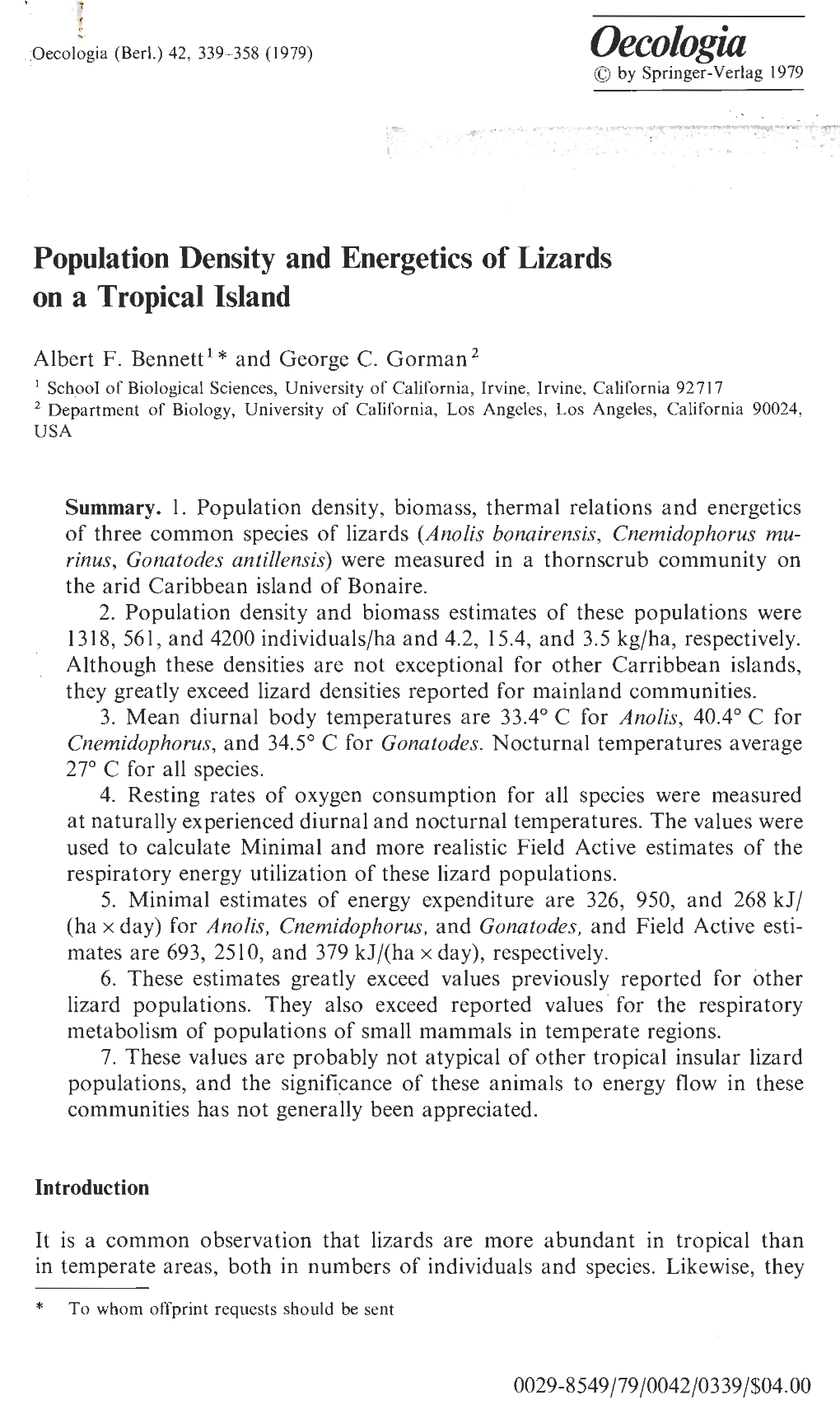 Population Density and Energetics of Lizards on a Tropical Island