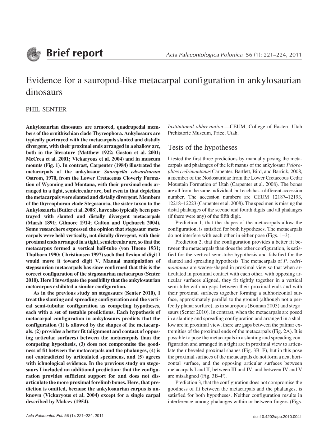 Brief Report Acta Palaeontologica Polonica 56 (1): 221–224, 2011