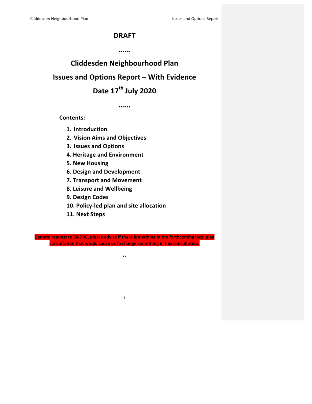 DRAFT …… Cliddesden Neighbourhood Plan Issues and Options Report – with Evidence Date 17Th July 2020 …