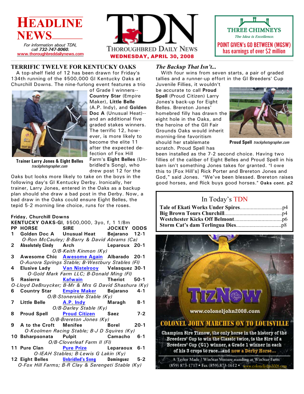 HEADLINE NEWS for Information About TDN, POINT GIVEN’S GO BETWEEN (MGSW) Call 732-747-8060