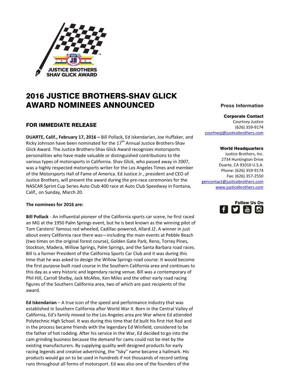 2016 Justice Brothers-Shav Glick Award Nominees