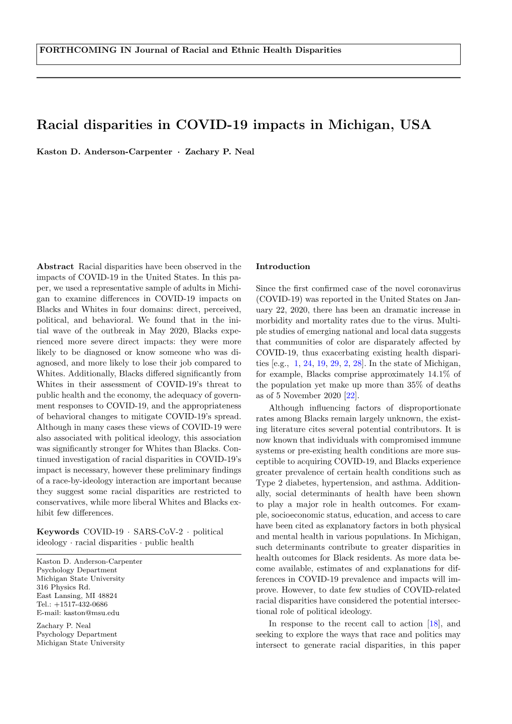 Racial Disparities in COVID-19 Impacts in Michigan, USA