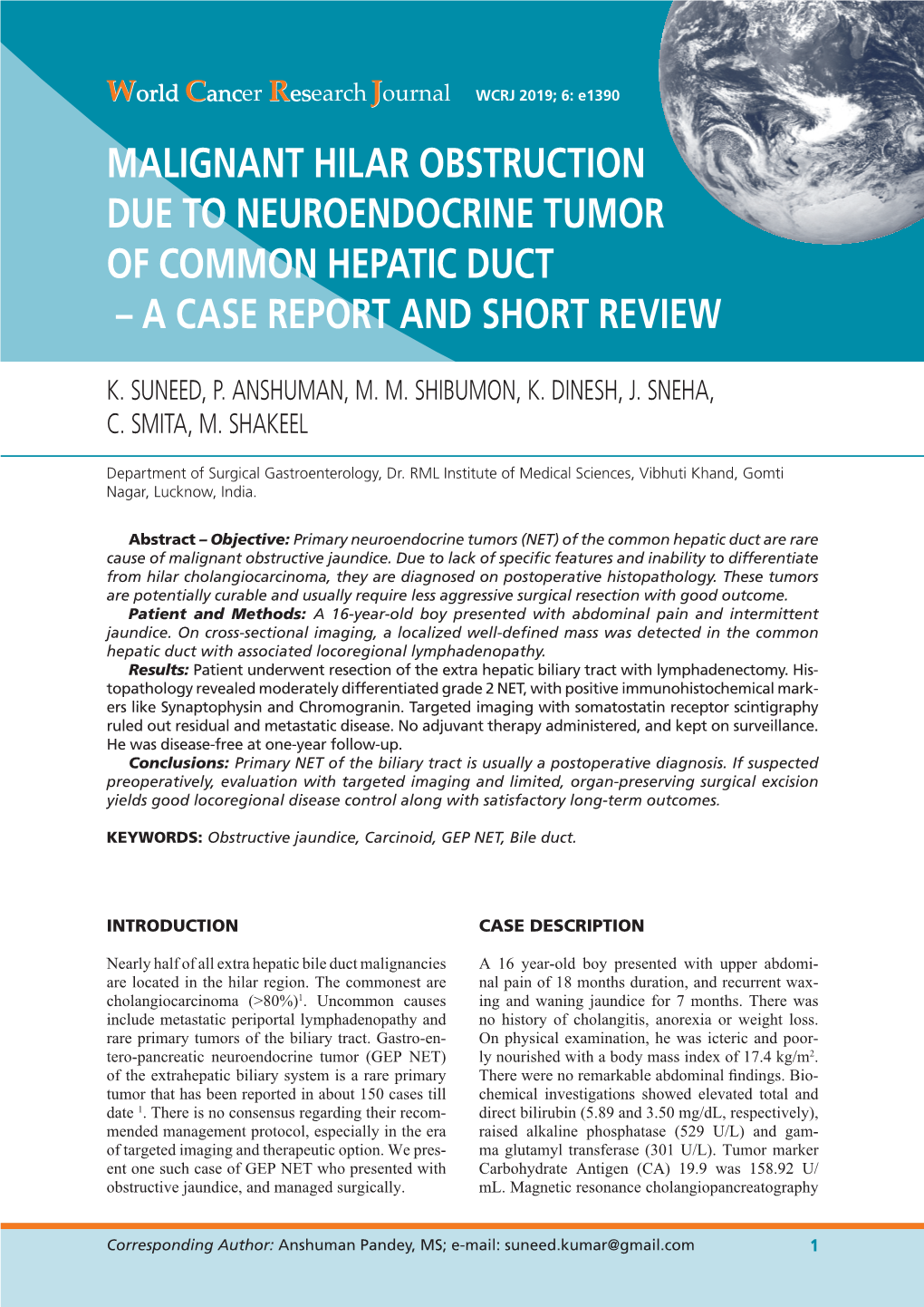 Malignant Hilar Obstruction Due to Neuroendocrine Tumor of Common Hepatic Duct – a Case Report and Short Review