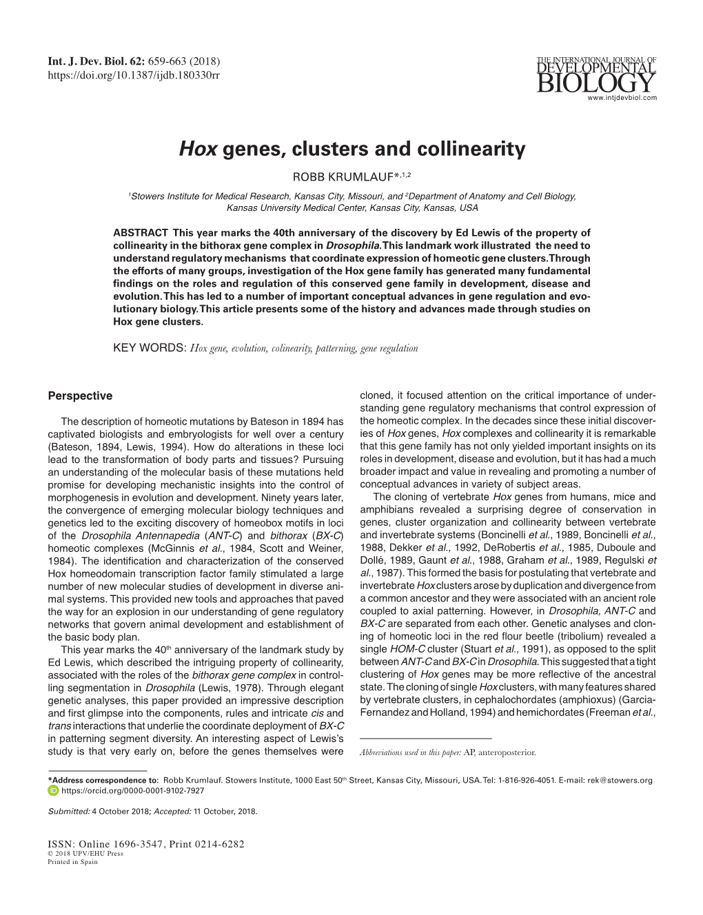 Hox Genes, Clusters and Collinearity ROBB KRUMLAUF*,1,2