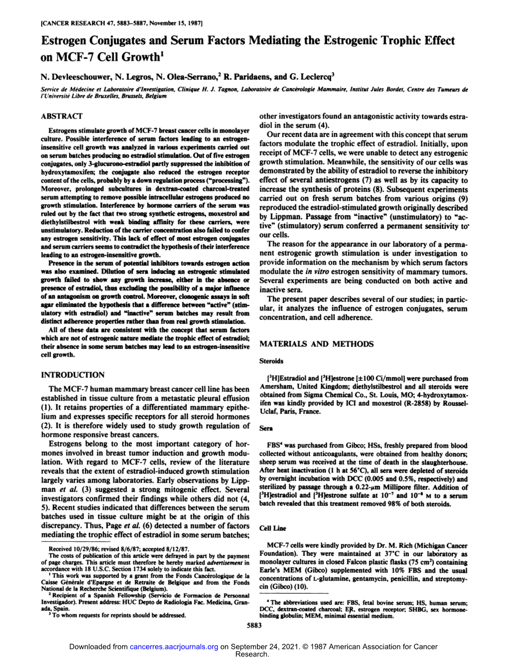 Estrogen Conjugates and Serum Factors Mediating the Estrogenic Trophic Effect on MCF-7 Cell Growth1