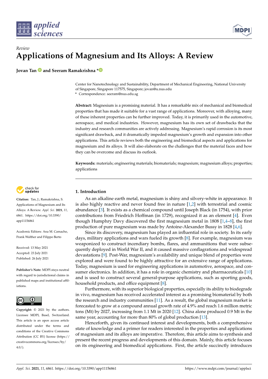 Applications of Magnesium and Its Alloys: a Review