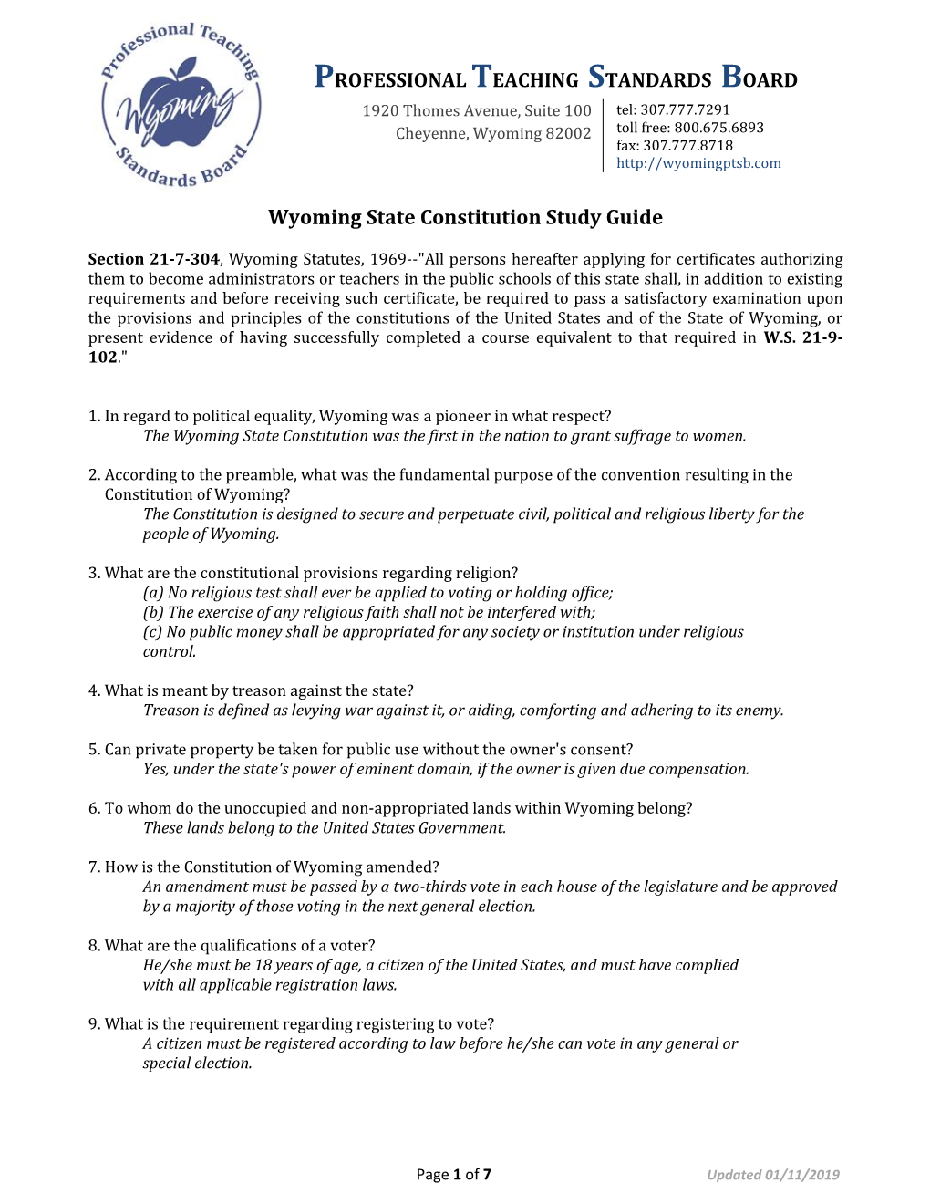Wyoming State Constitution Study Guide