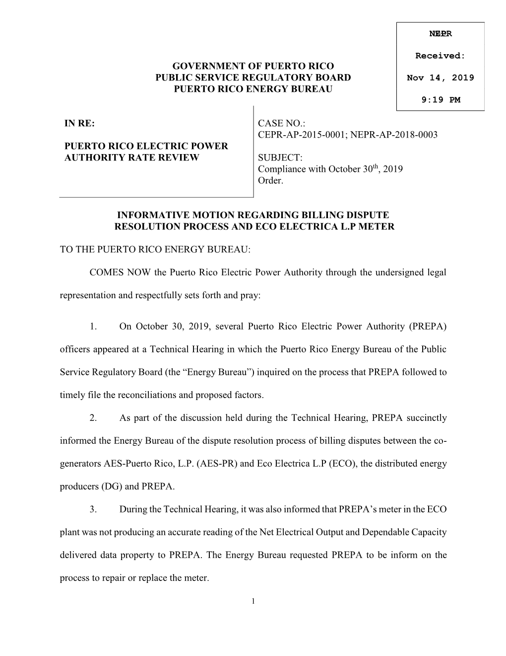 Informative Motion Regarding Billing Dispute Resolution Process and Eco Electrica L.P Meter