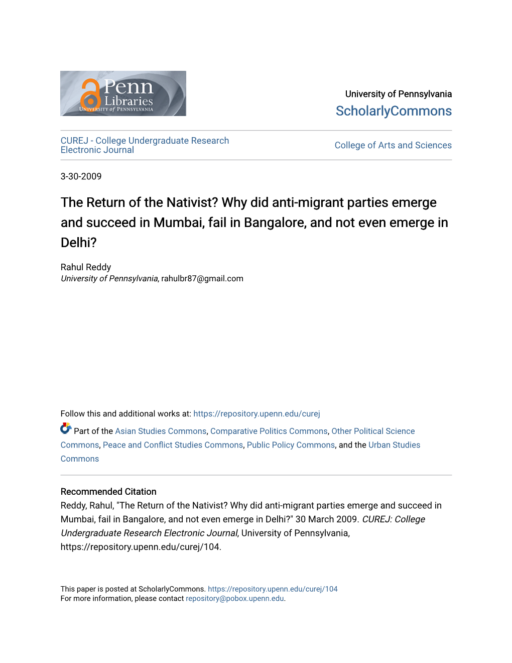 The Return of the Nativist? Why Did Anti-Migrant Parties Emerge and Succeed in Mumbai, Fail in Bangalore, and Not Even Emerge in Delhi?