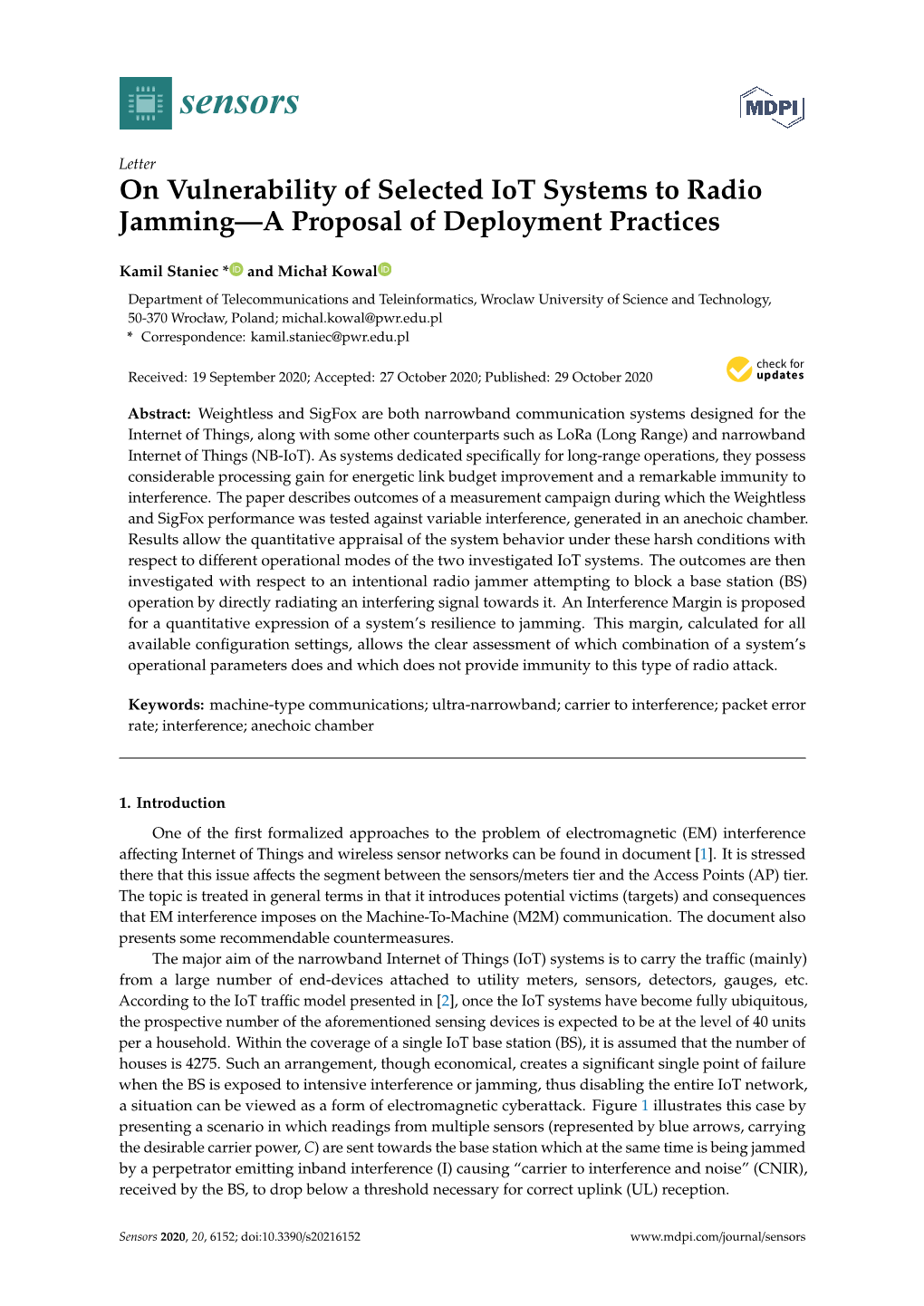 On Vulnerability of Selected Iot Systems to Radio Jamming—A Proposal of Deployment Practices