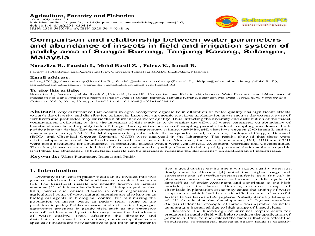 Comparison and Relationship Between Water Parameters and Abundance