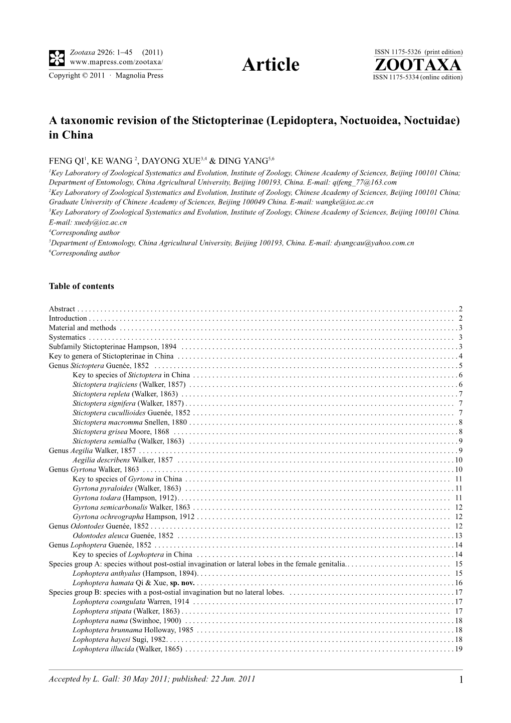 A Taxonomic Revision of the Stictopterinae (Lepidoptera, Noctuoidea, Noctuidae) in China