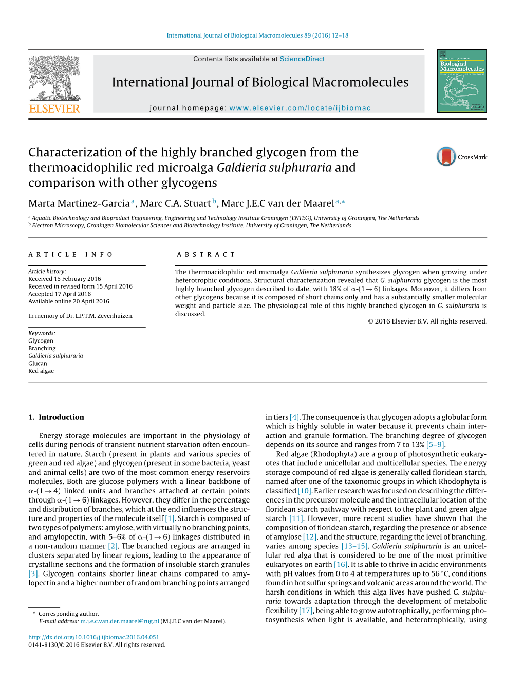 Characterization of the Highly Branched Glycogen from the Thermoacidophilic Red Microalga Galdieria Sulphuraria and Comparison W