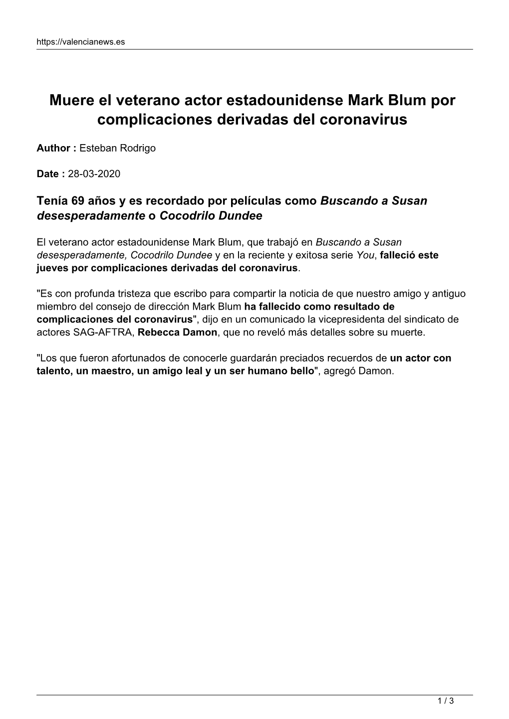 Muere El Veterano Actor Estadounidense Mark Blum Por Complicaciones Derivadas Del Coronavirus