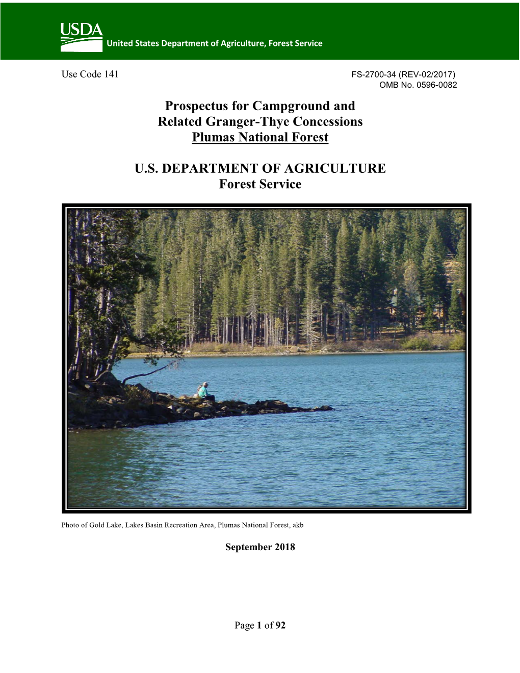 Prospectus for Campground and Related Granger-Thye Concessions, Plumas National Forest United States Department of Agriculture, Forest Service