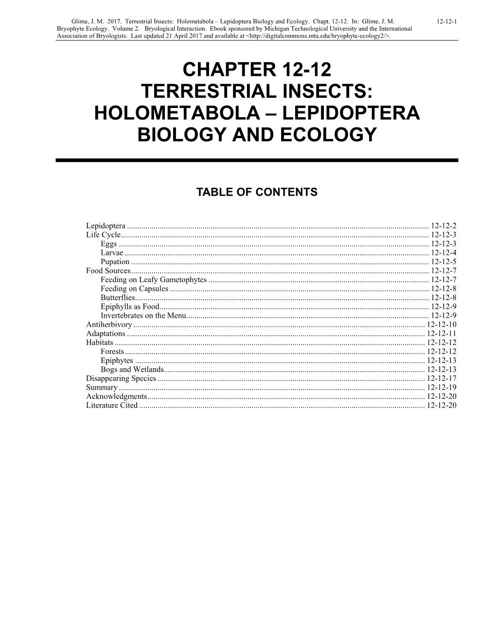 Terrestrial Insects: Holometabola – Lepidoptera Biology and Ecology