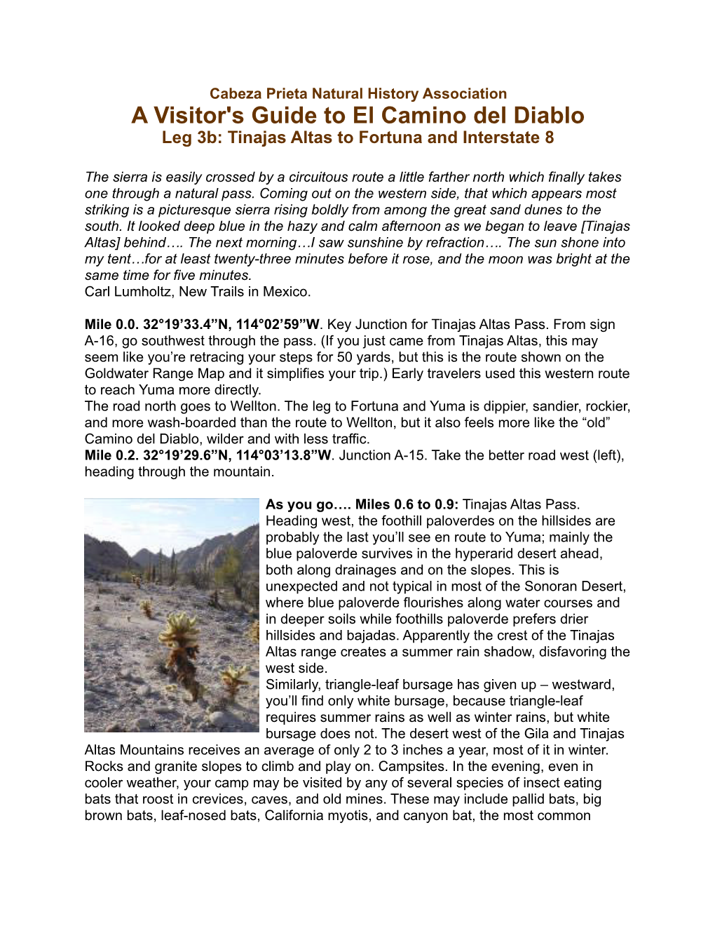 A Visitor's Guide to El Camino Del Diablo Leg 3B: Tinajas Altas to Fortuna and Interstate 8