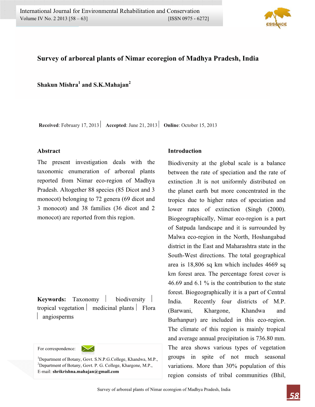 Survey of Arboreal Plants of Nimar Ecoregion of Madhya Pradesh, India