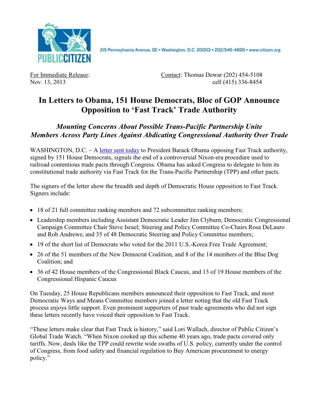 In Letters to Obama, 151 House Democrats, Bloc of GOP Announce Opposition to ‘Fast Track’ Trade Authority